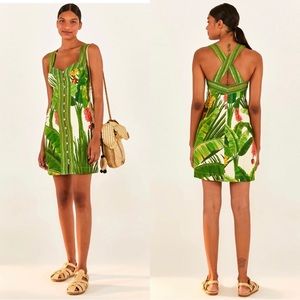 New Farm Rio Fresh Forest Scarf Sweetheart-Neck Minidress S